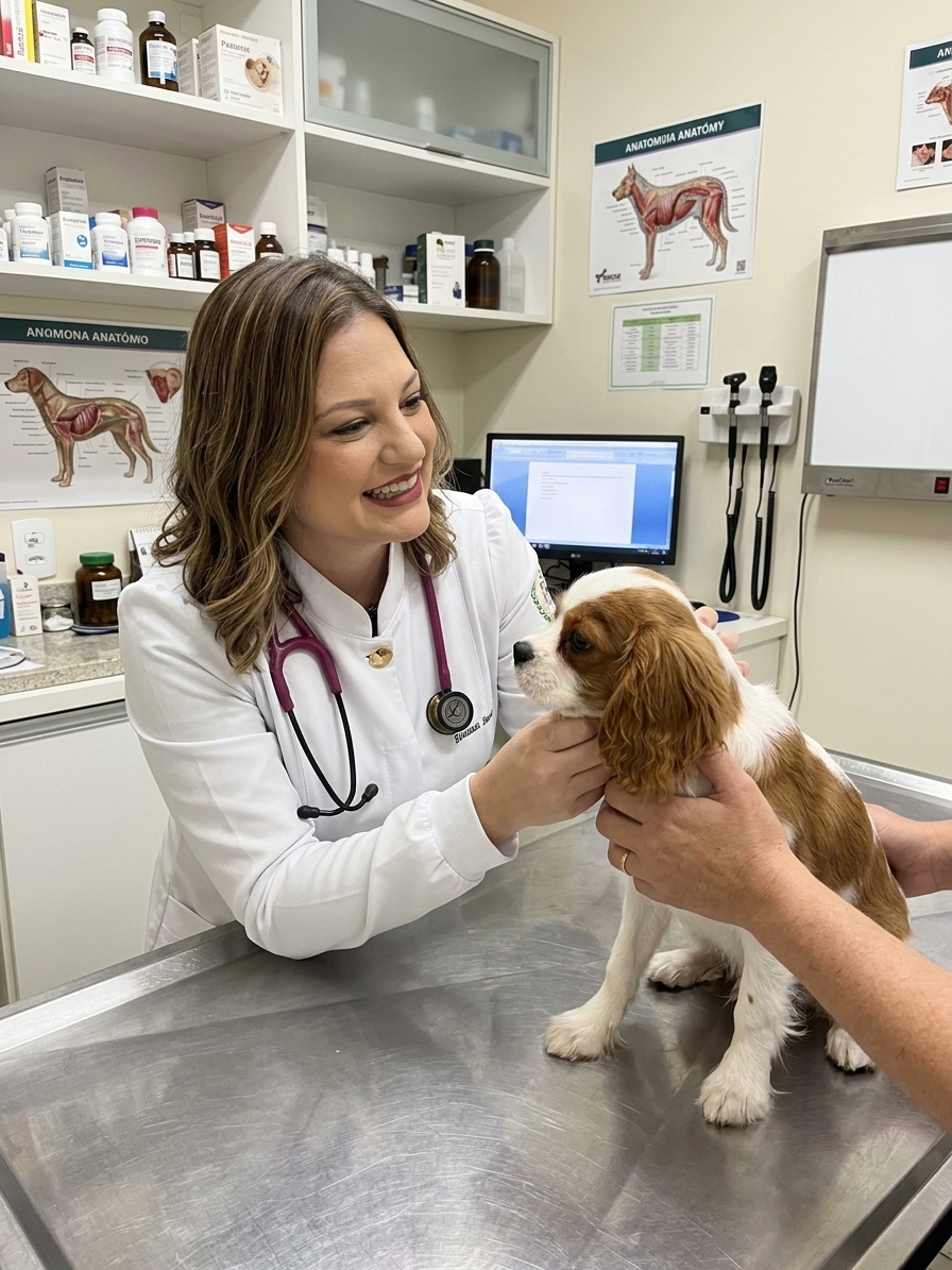 Dra. Paula Zdanowsky examinando um cão no consultório veterinário